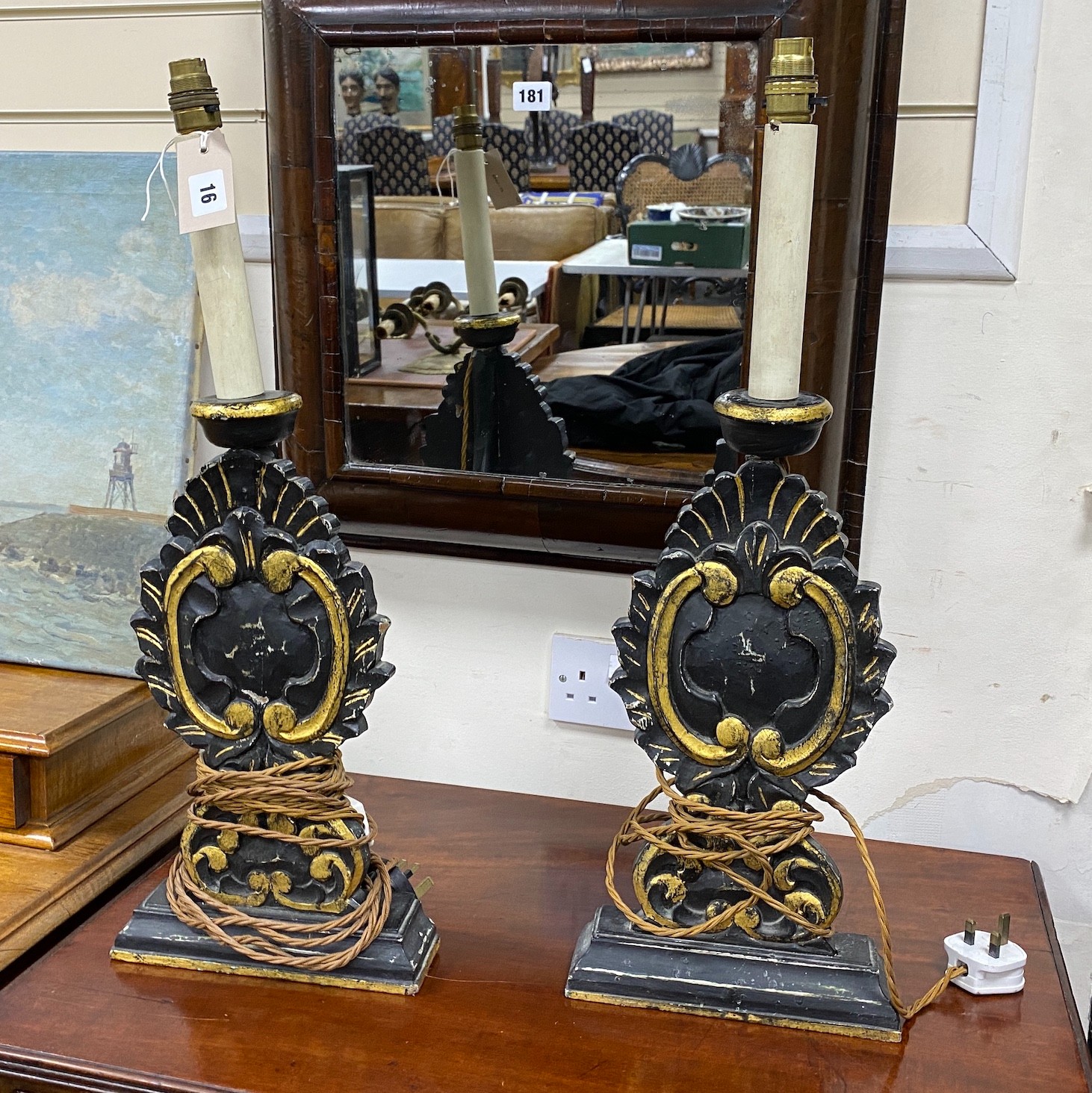 A pair of 18th century style painted parcel gilt table lamps, height 63cm